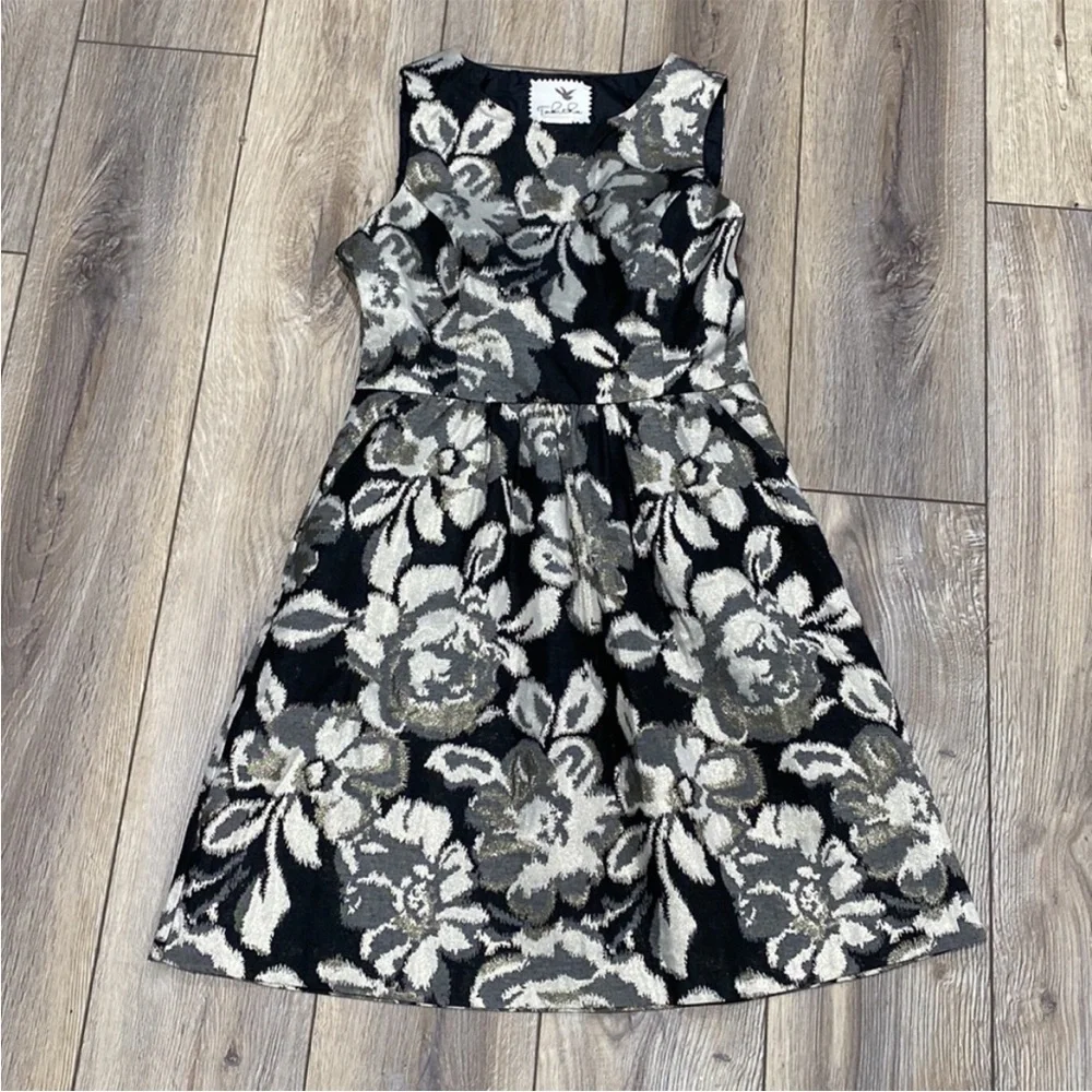 ANTHROPOLOGIE TABITHA Black Gold Floral A-Line Dress Lined w/ Pockets Sz 6 - Picture 2 of 16